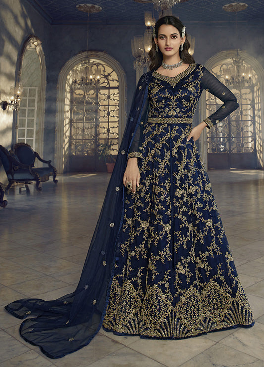 Women's Navy Blue Soft Net Semi Stitched Embroidered Designer Suit