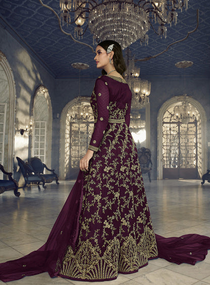 Women's Dark Wine Soft Net Semi Stitched Embroidered Designer Suit