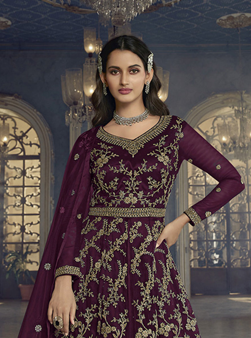 Women's Dark Wine Soft Net Semi Stitched Embroidered Designer Suit