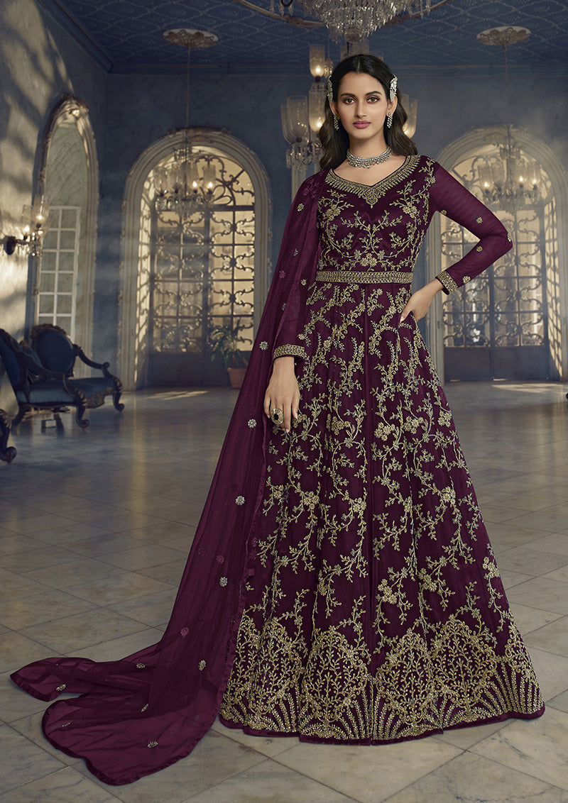 Women's Dark Wine Soft Net Semi Stitched Embroidered Designer Suit