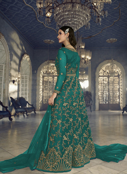 Women's Teal Green Soft Net Semi Stitched Embroidered Designer Suit