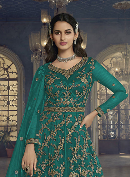 Women's Teal Green Soft Net Semi Stitched Embroidered Designer Suit