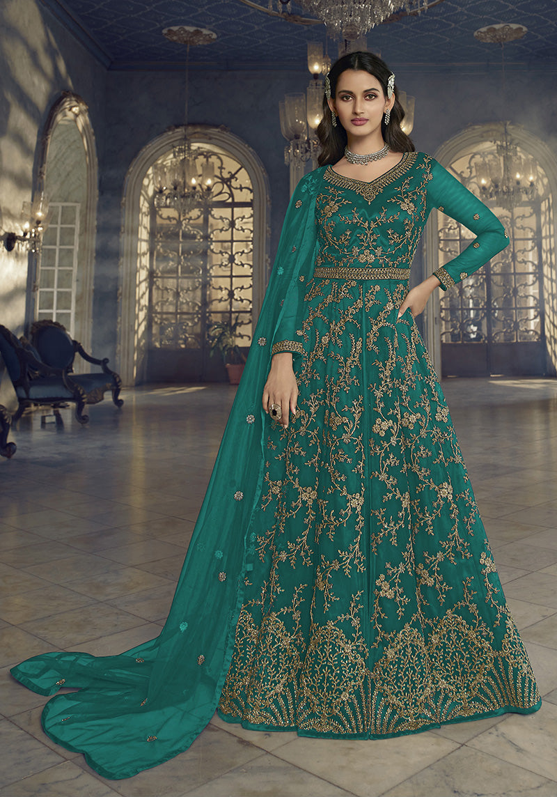 Women's Teal Green Soft Net Semi Stitched Embroidered Designer Suit