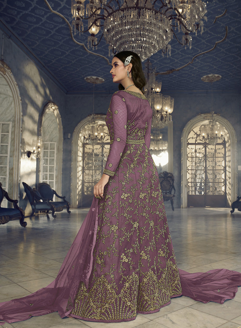 Women's Dark Mauve Soft Net Semi Stitched Embroidered Designer Suit