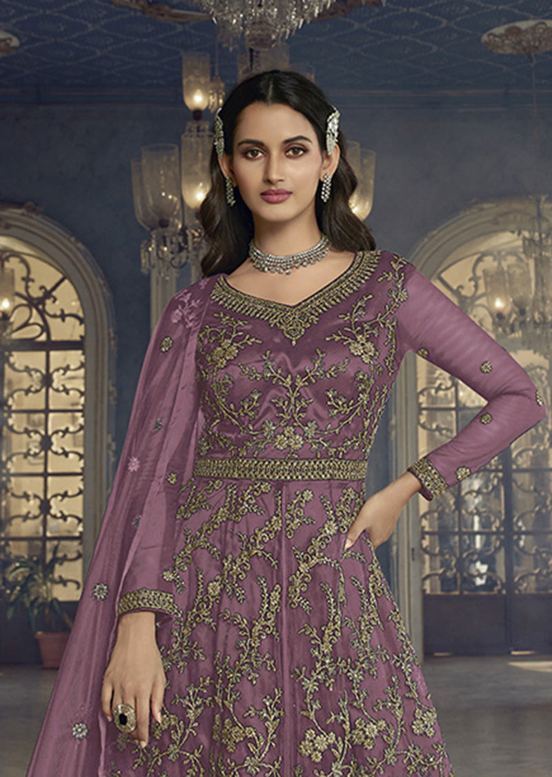 Women's Dark Mauve Soft Net Semi Stitched Embroidered Designer Suit