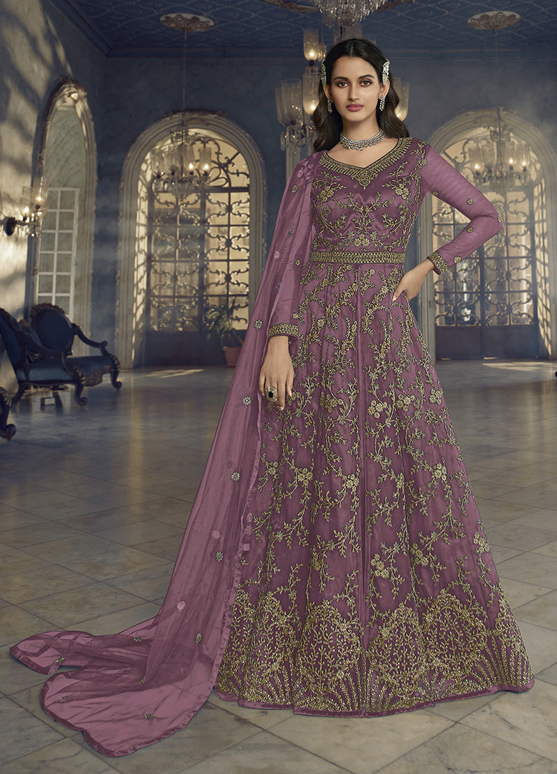 Women's Dark Mauve Soft Net Semi Stitched Embroidered Designer Suit