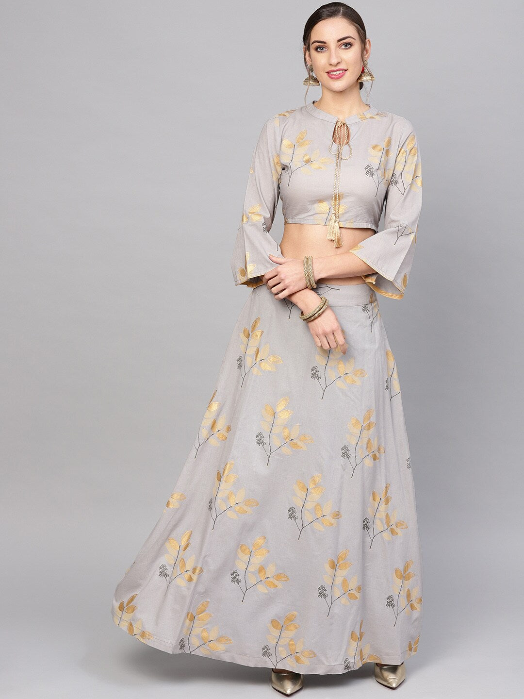 Women's Grey Gold Printed Lehenga Choli