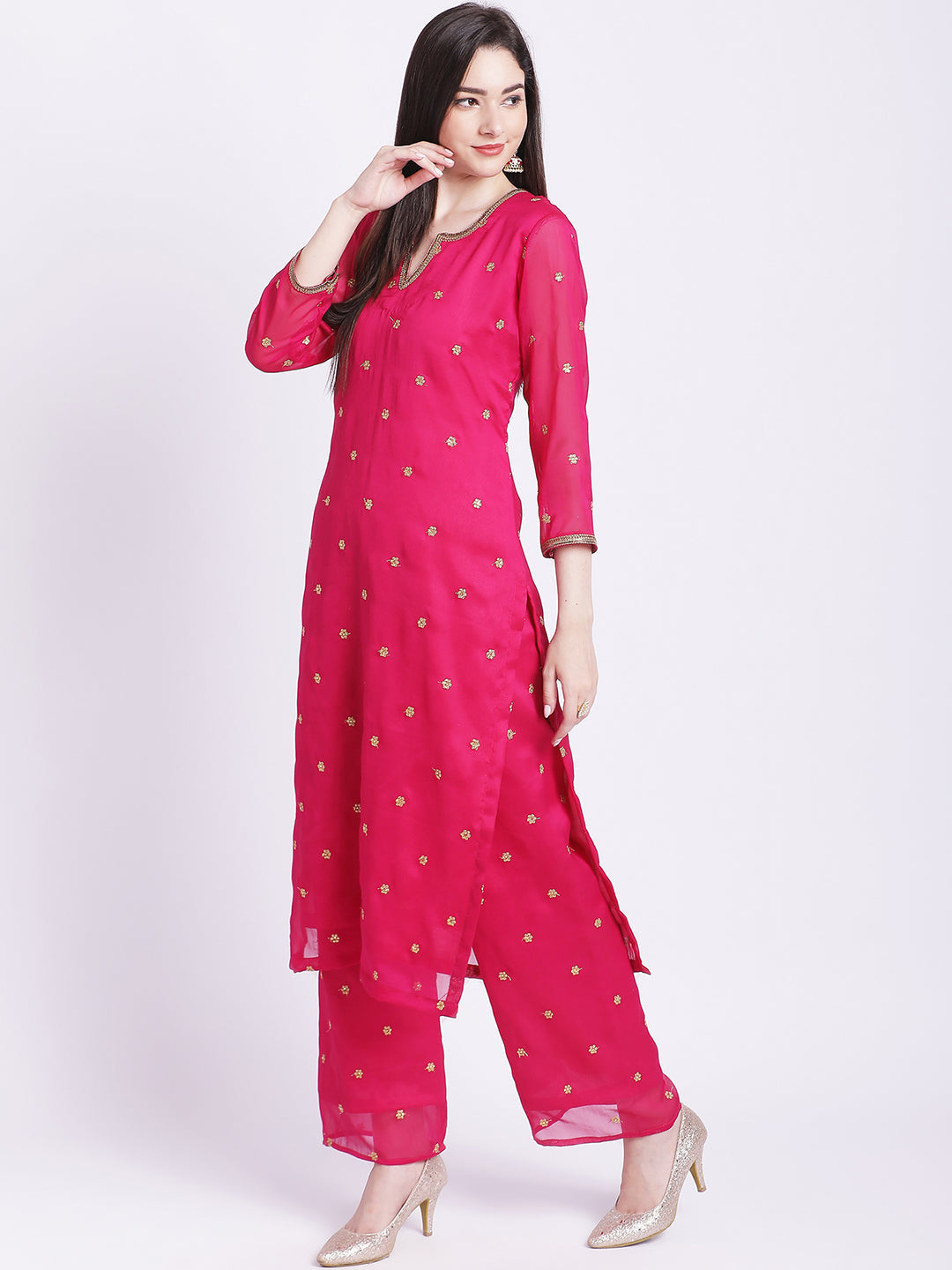 Women's Glam Pink Embroidered Kurti With Straight Palazzo