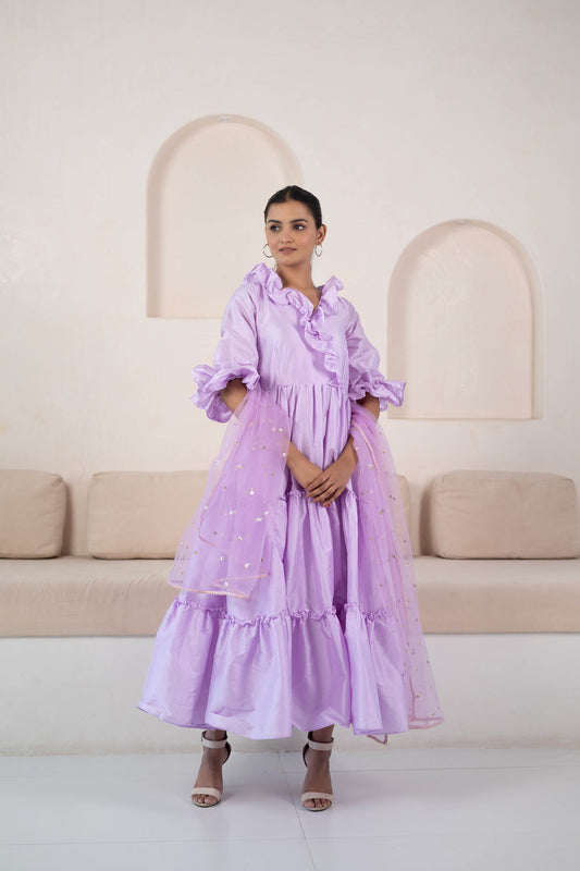 Purple Gown Frock With Dupatta For Women - (2Pc Set)