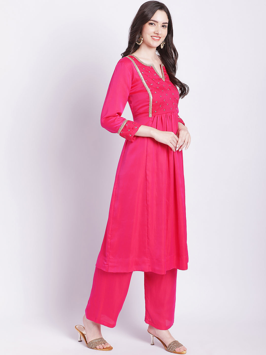 Women's Pink Punch A-Line Kurti With Straight Palazzo