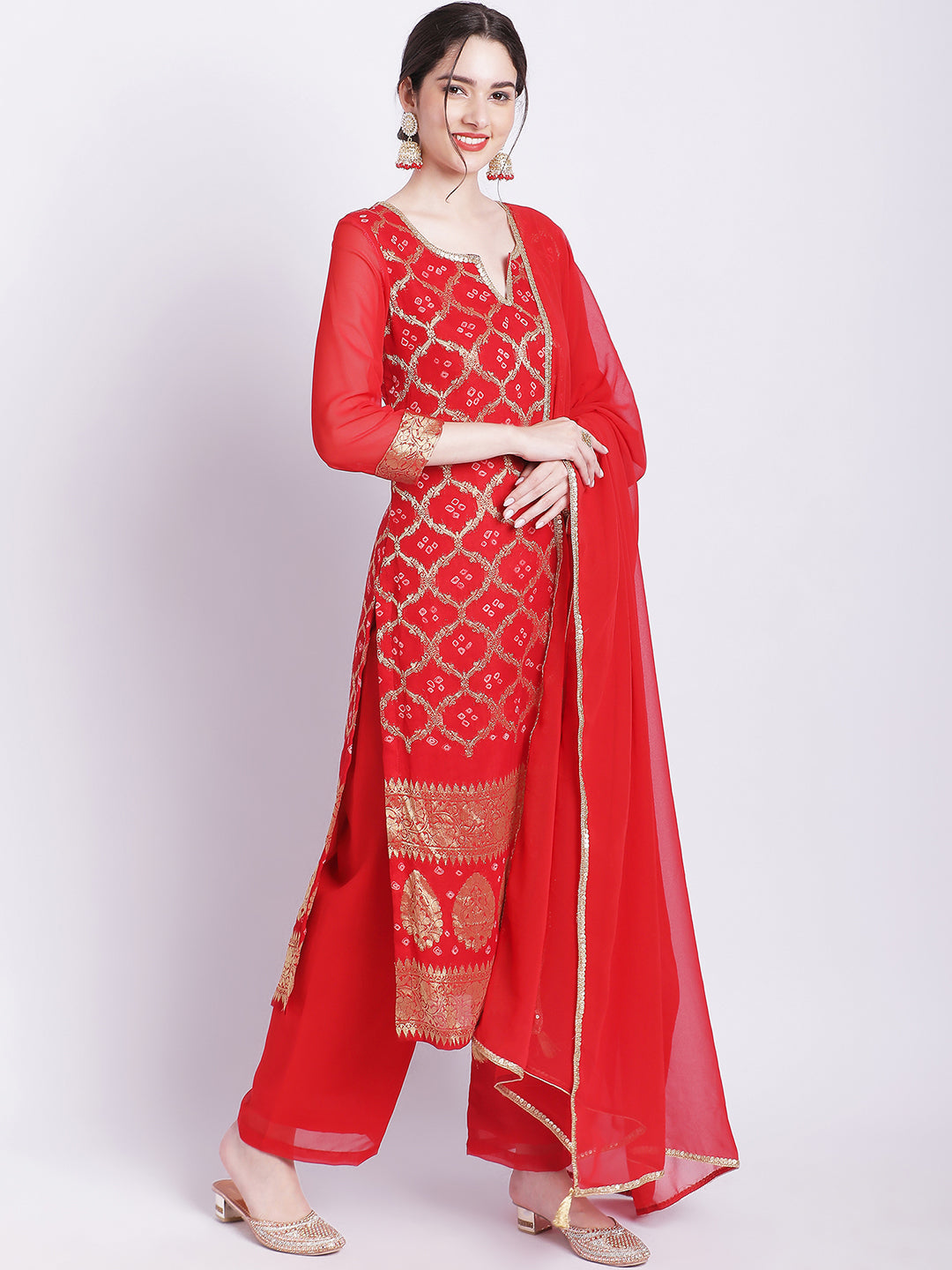 Women's Red Bandhej Bridal Kurti With Straight Palazzo Georgette Dupatta