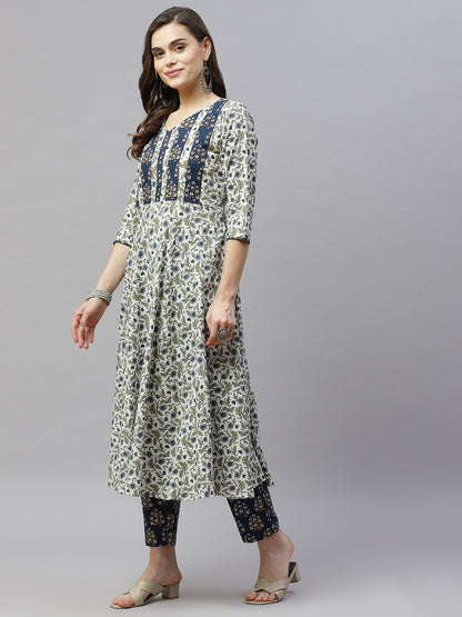 Women's Floral Printed Anarkali Pure Cotton Kurta With Palazzo Set