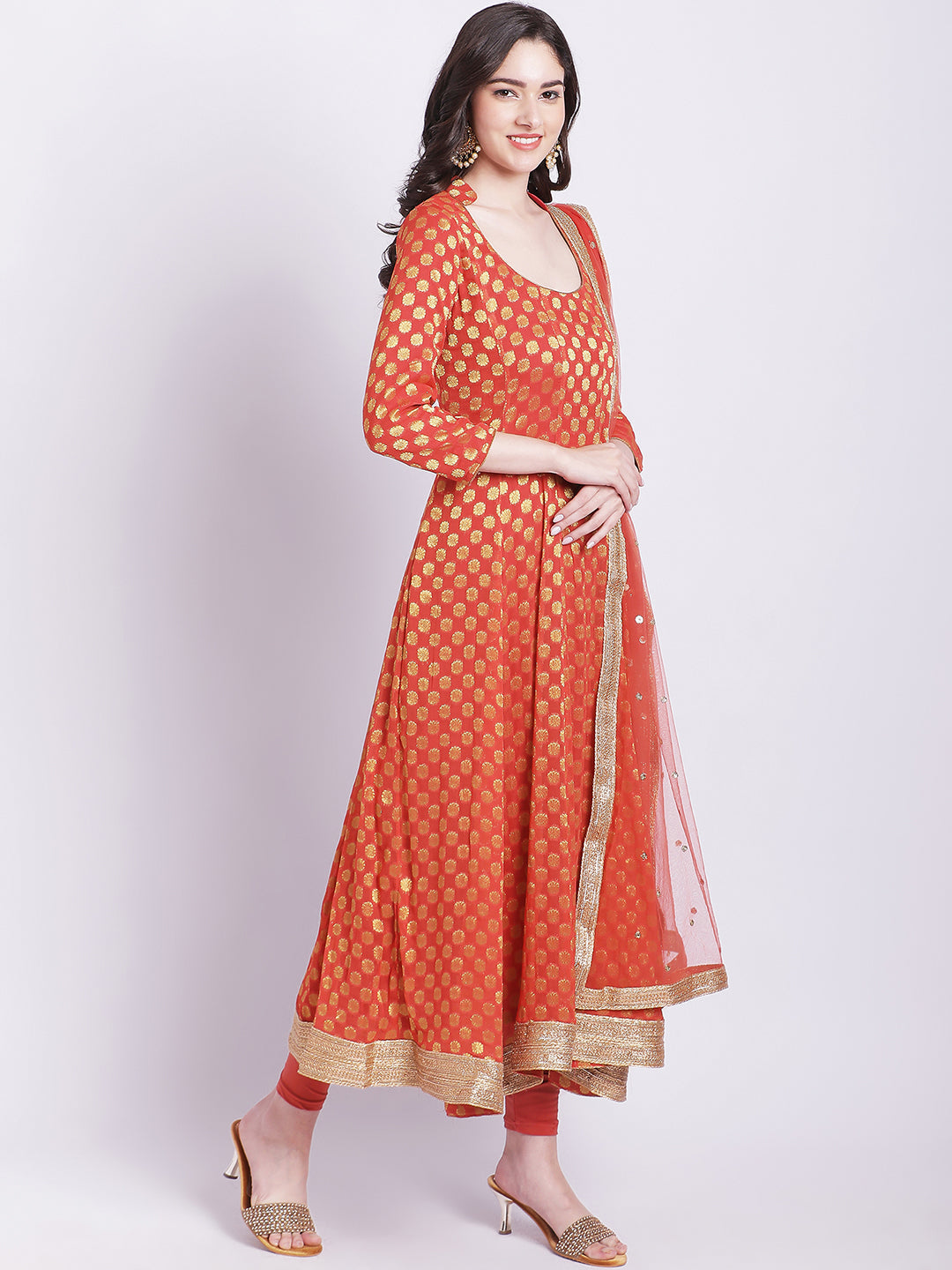 Women's Orange Banarasi Georgette Anarkali With Churidar And Net Sequin Dupatta