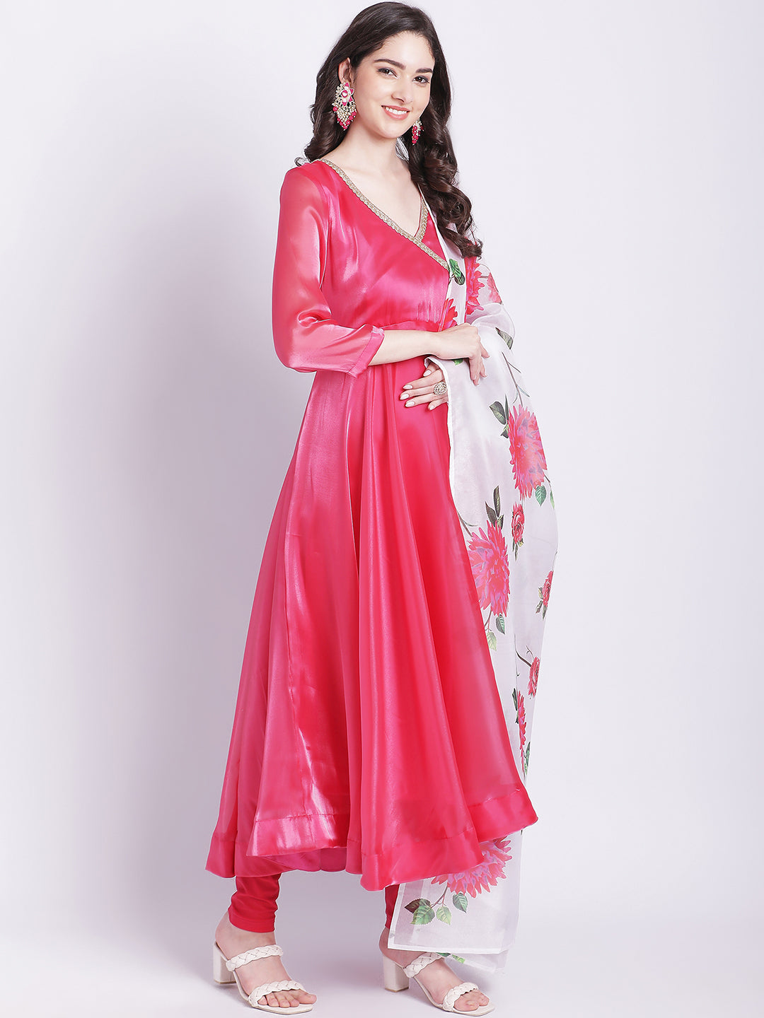 Women's Pink Dahlia Organza Anarkali With Churidar And Floral Printed Dupatta