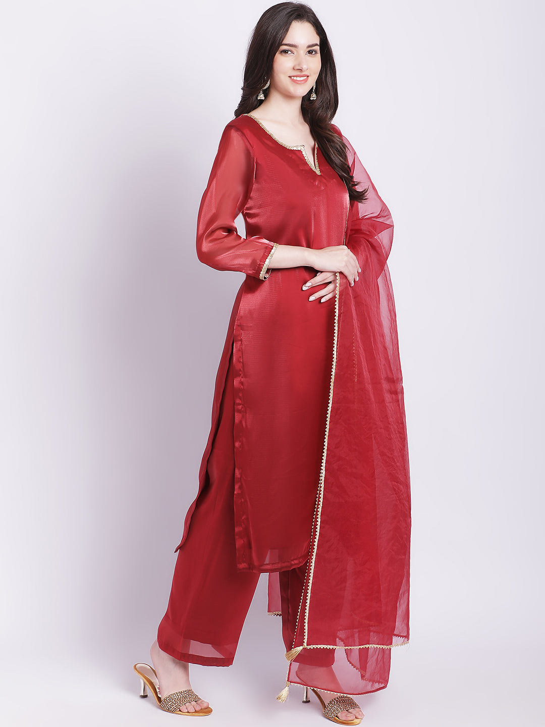 Women's Maroon Shine Organza Straight Kurti With Straight Palazzo And Organza Dupatta