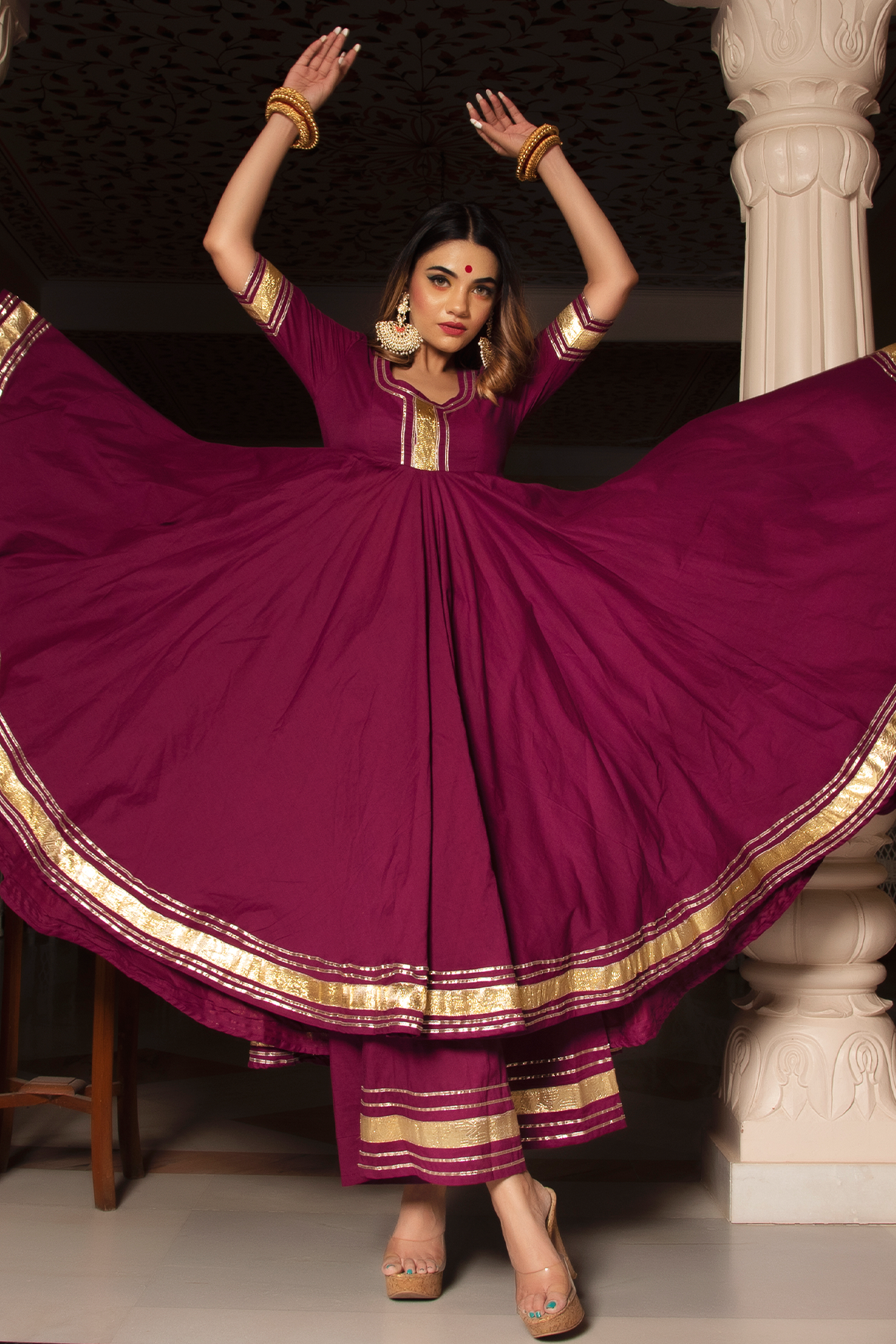 Women's BURGUNDY PURE COTTON ANARKALI SET - Pomcha Jaipur