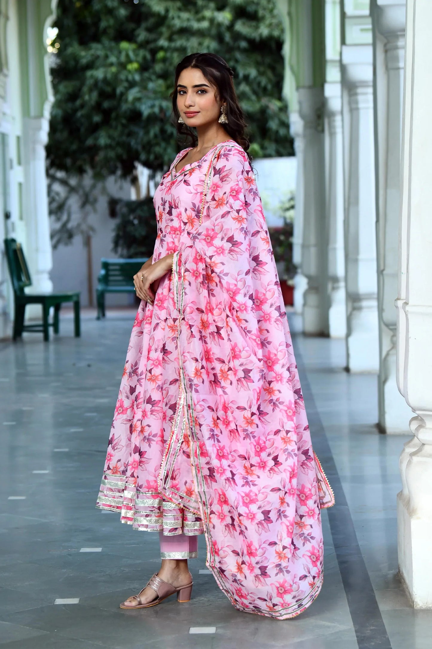 Women's Pink Floral Anarkali Suit Set  -3Pc Set