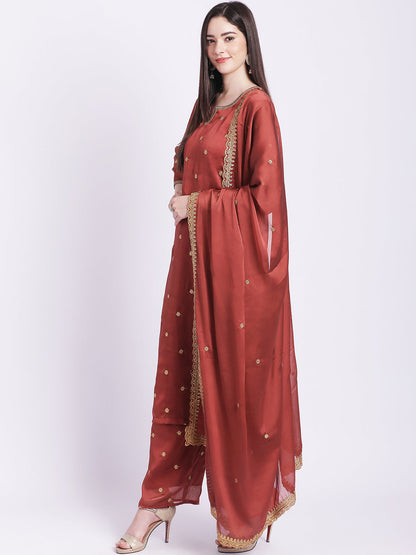 Women's Glam Rust Embroidered Kurti With Straight Palazzo And Embroidered Dupatta