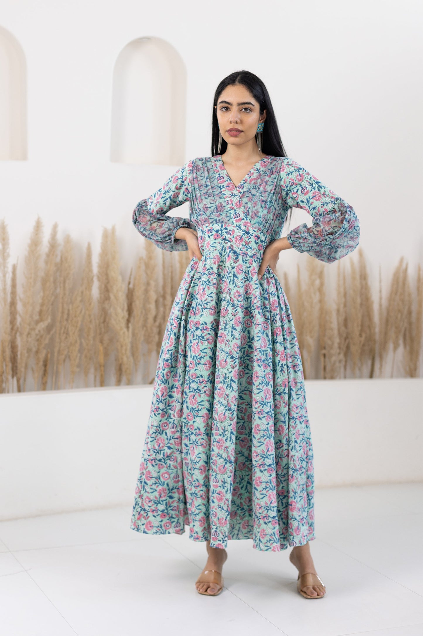 Blue Floral Printed Gown For Women - (1Pc Set)