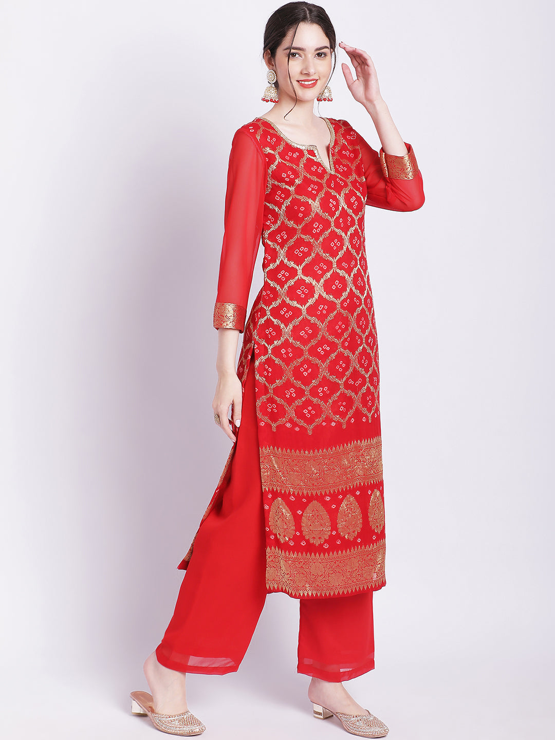 Women's Red Bandhej Bridal Kurti With Straight Palazzo