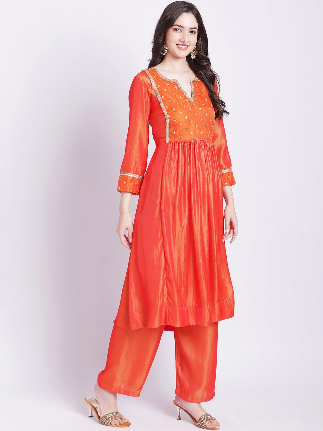 Women's Orange Punch A-Line Kurti With Straight Palazzo