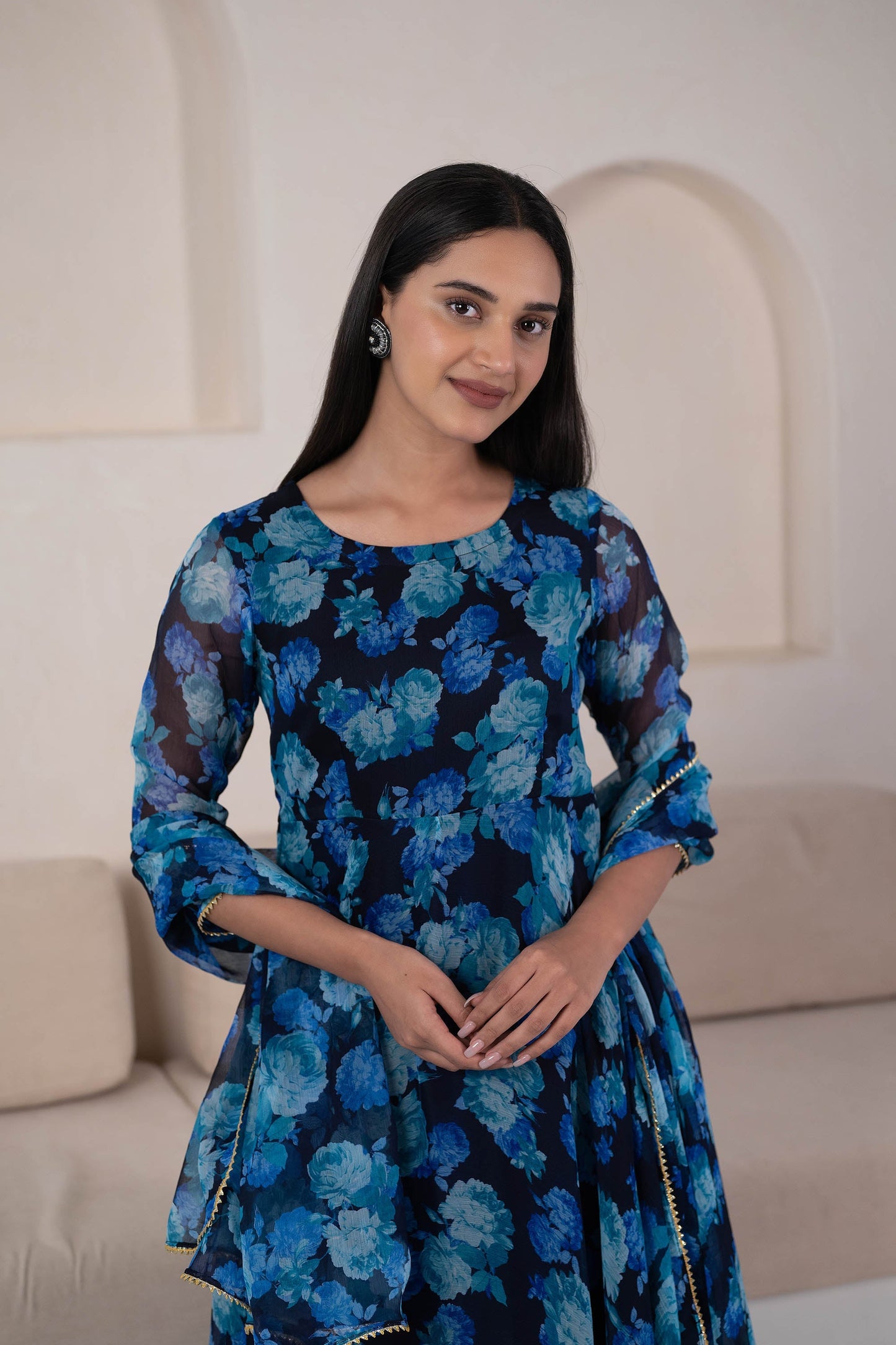 Blue Floral Printed Anarkali Suit Set - (3Pc Set)