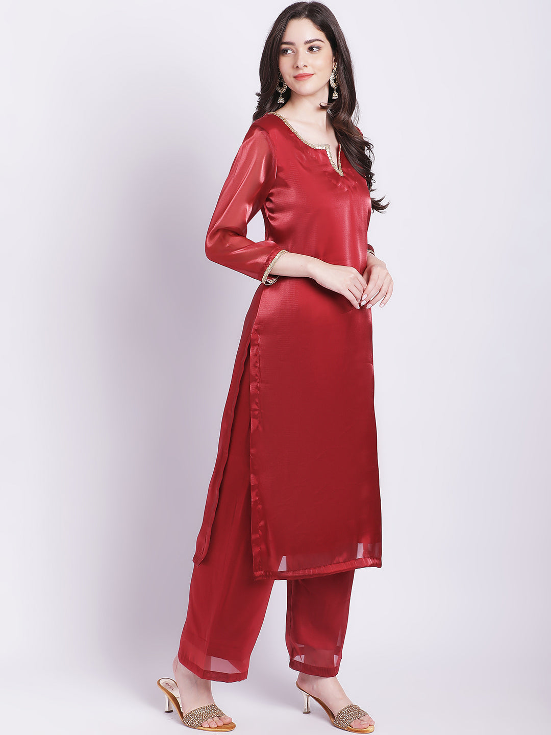 Women's Maroon Shine Organza Straight Kurti With Straight Palazzo