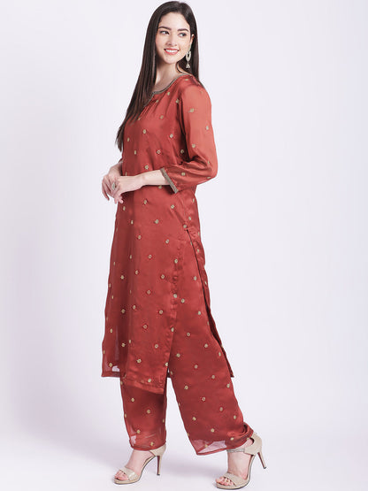 Women's Glam Rust Embroidered Kurti With Straight Palazzo