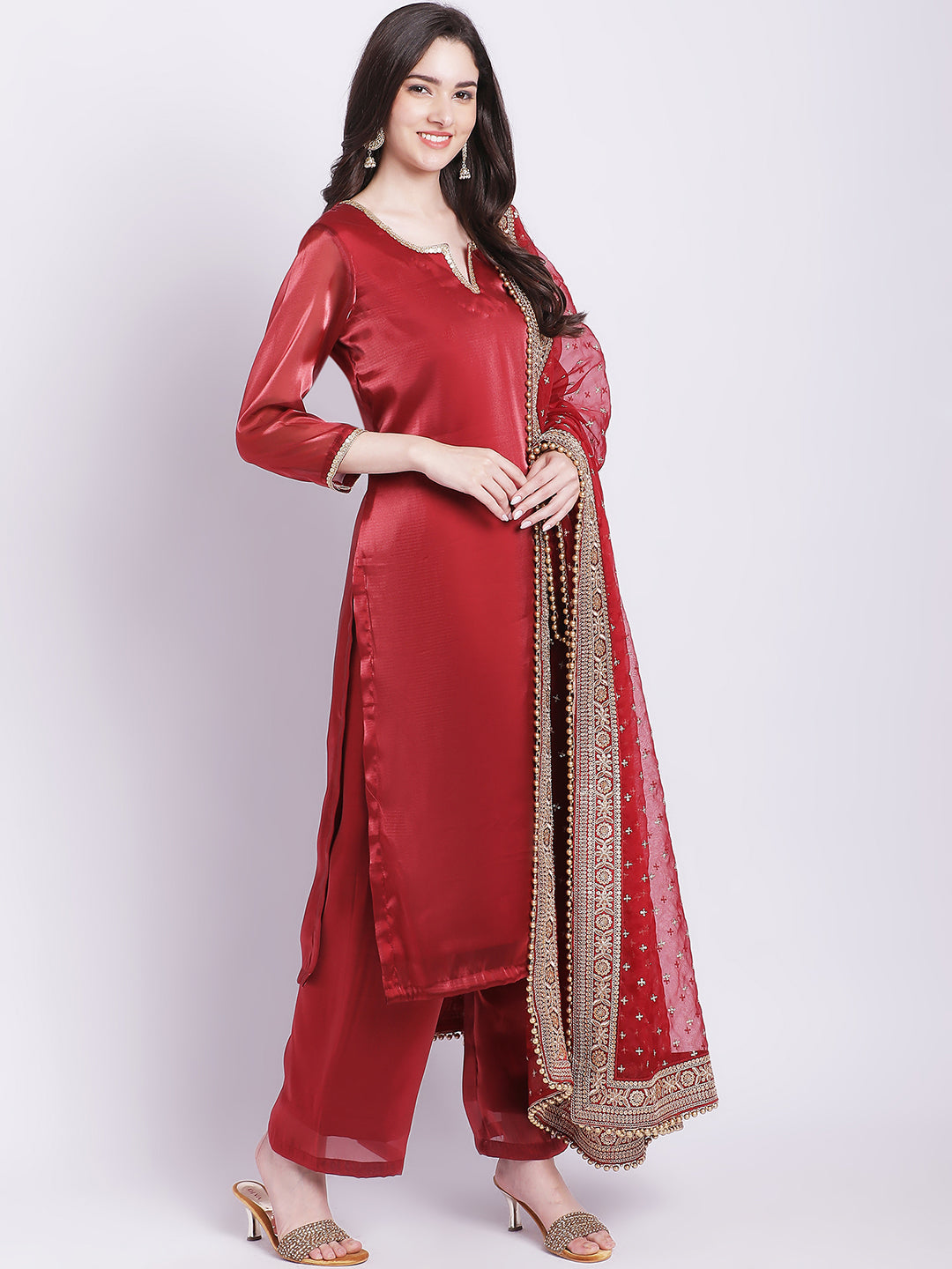 Women's Maroon Shine Organza Straight Kurti With Straight Palazzo And Embroidered Organza Dupatta