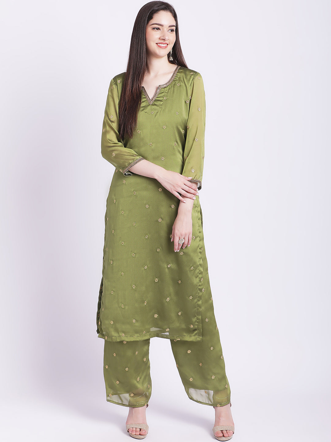 Women's Glam Green Embroidered Kurti With Straight Palazzo