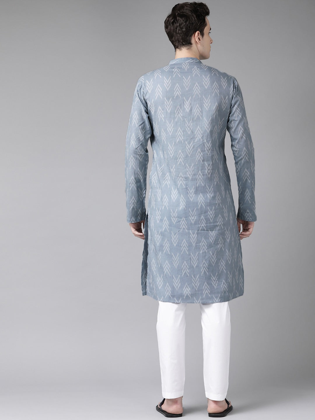 Men's Grey And White  Printed Straight Kurta