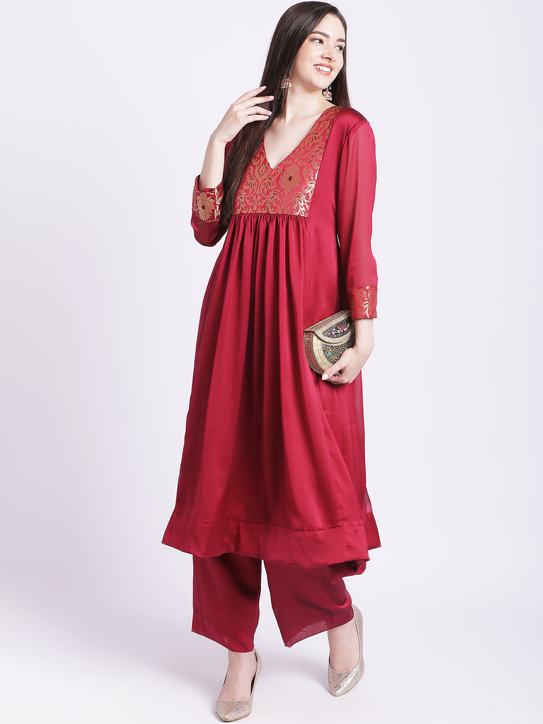 Women's Alluring Maroon Yoke Gathered Kurti With Palazzo