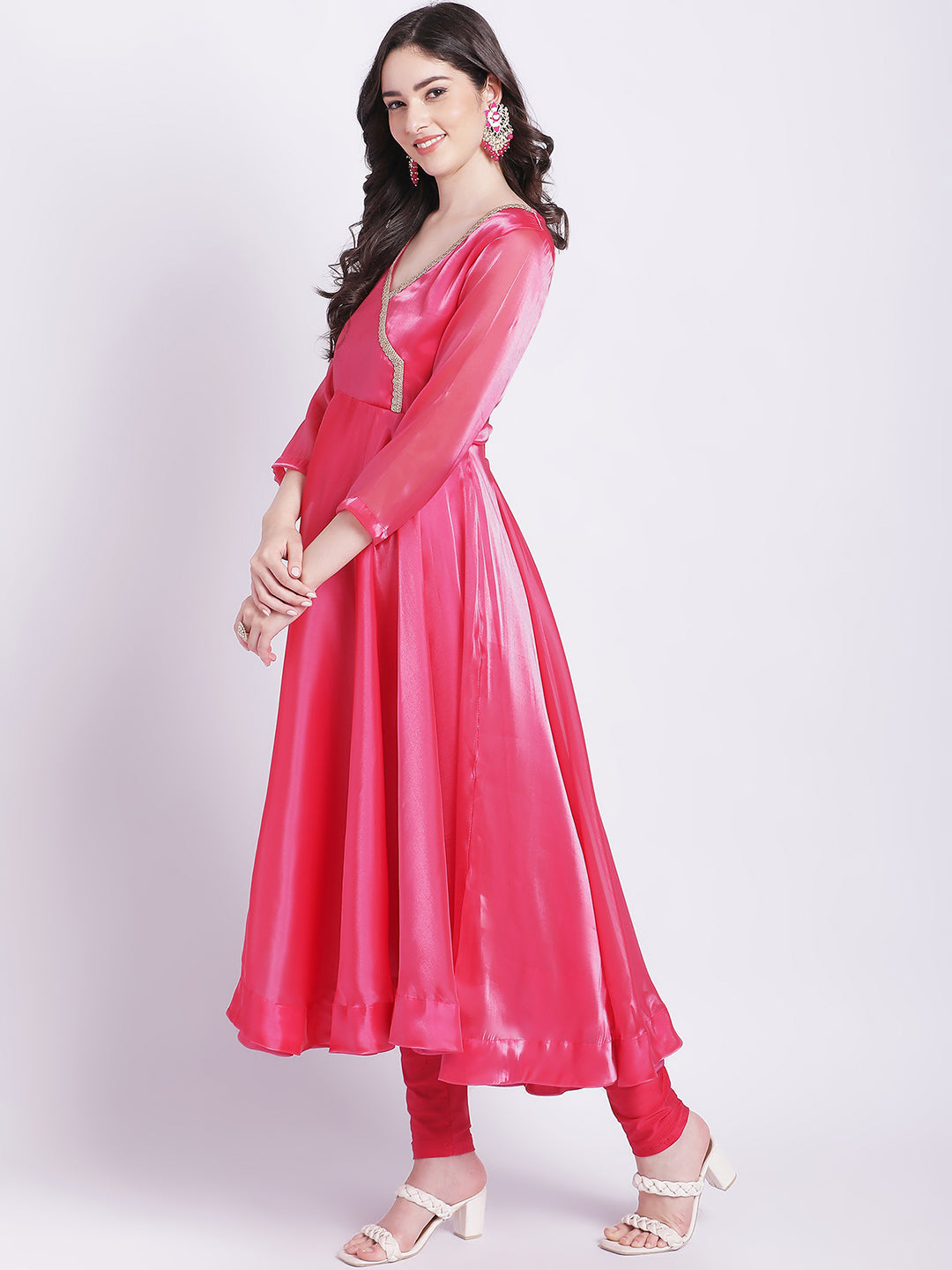 Women's Pink Dahlia Organza Anarkali With Churidar