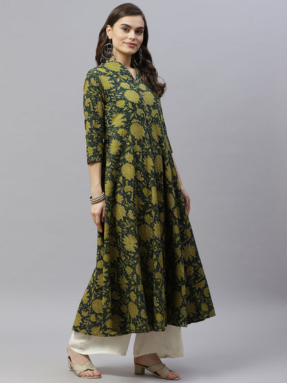 Women's Pure Cotton Printed Anarkali Kurta With Gold Print Dupatta