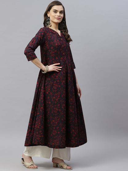 Women's Pure Floral Printed Anarkali Kurta With Gold Print Dupatta