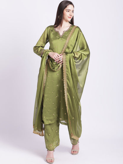 Women's Glam Green Embroidered Kurti With Straight Palazzo And Embroidered Dupatta