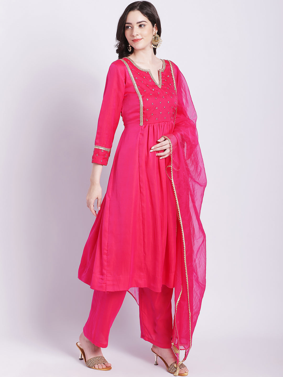 Women's Pink Punch A-Line Kurti With Straight Palazzo And Organza Dupatta