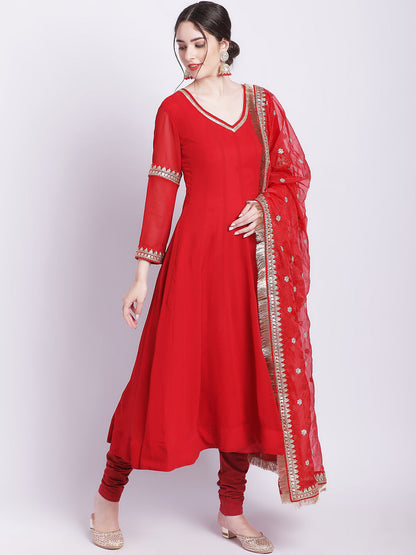 Women's Ruby Woo Georgette Border Anarkali With Churidar And Organza Dupatta