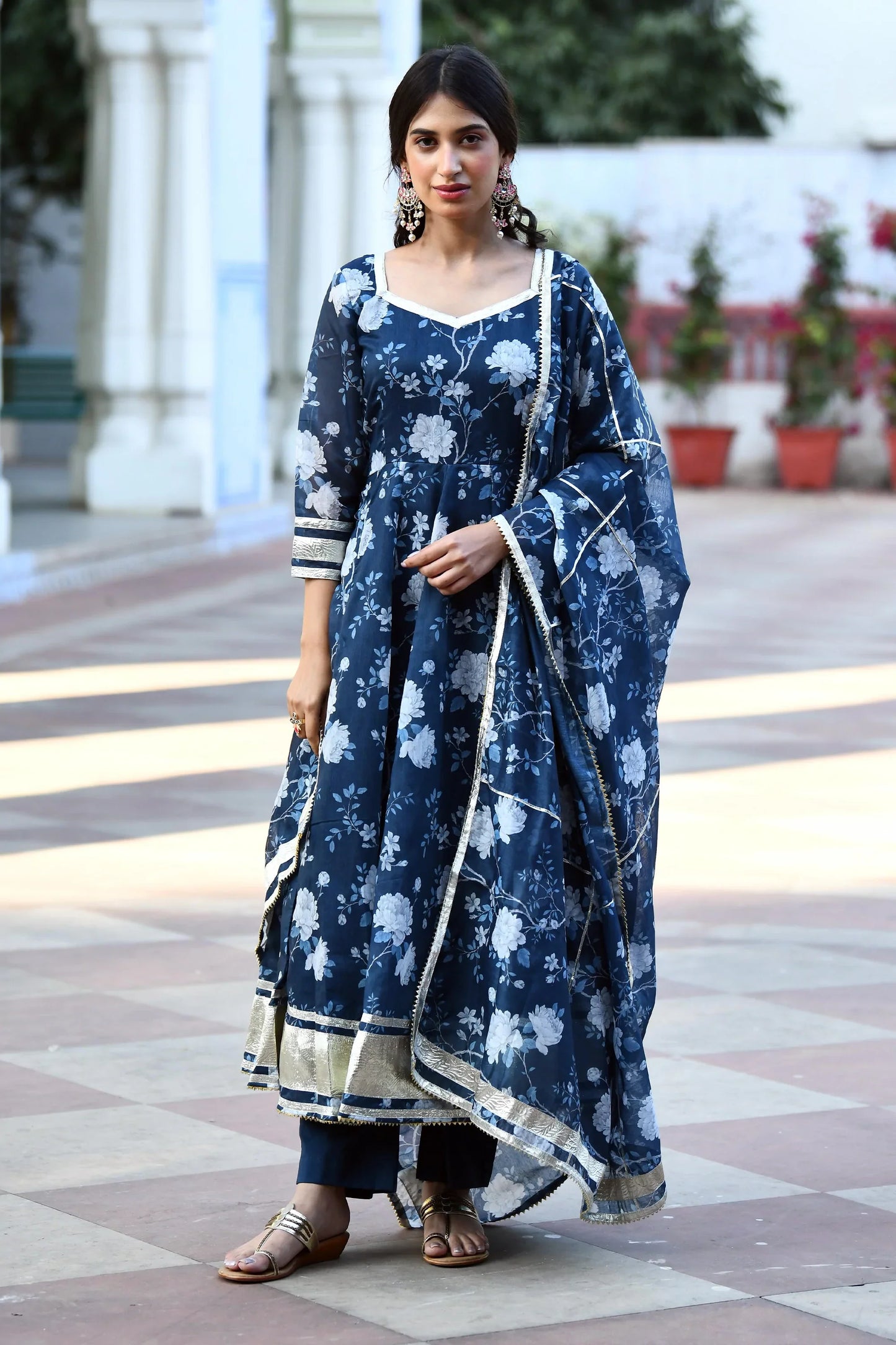 Women's Navy Blue Floral Anarkali Suit   -3Pc Set