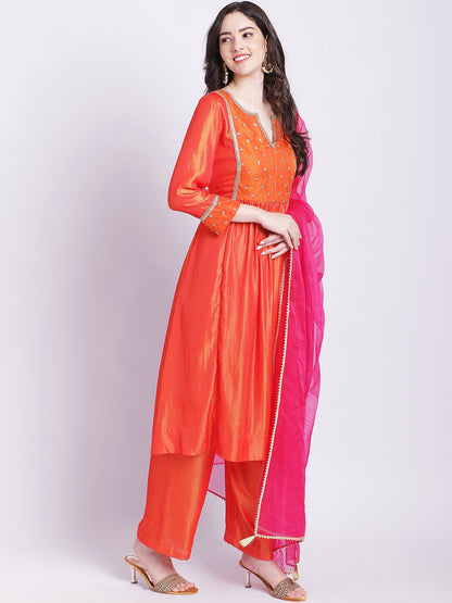 Women's Orange Punch A-Line Kurti With Straight Palazzo And Organza Dupatta