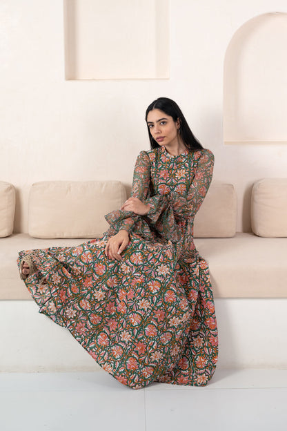 Green Floral Printed Gown For Women - (1Pc Set)