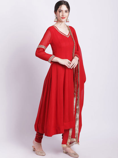 Women's Ruby Woo Georgette Border Anarkali With Churidar And Georgette Dupatta