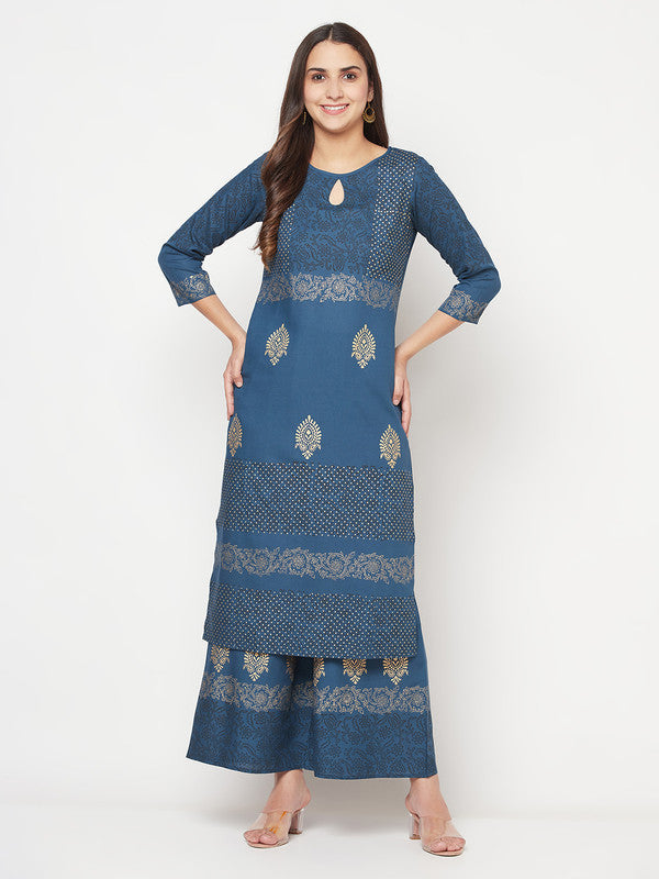 Women's Rayon Block print Straight Kurta palazzo set,Blue