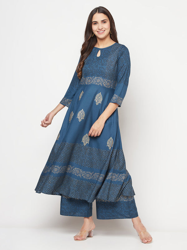 Women's Rayon Block print Anarkali palazzo set,Blue