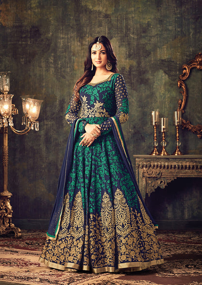 Women's Navy Blue Georgette Semi Stitched Embroidered Partywear Suit