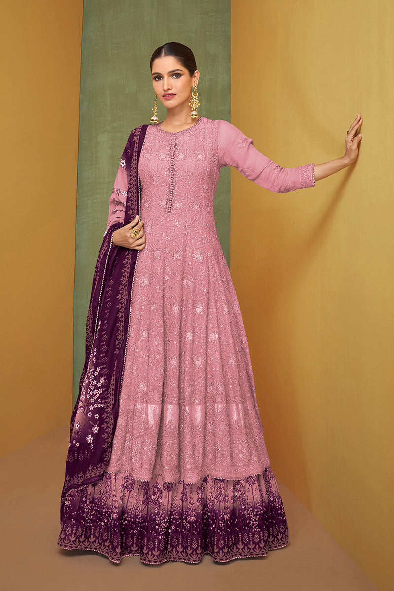 Women's Rose Pink Faux Georgette Semi Stitched Embroidered Designer Suit