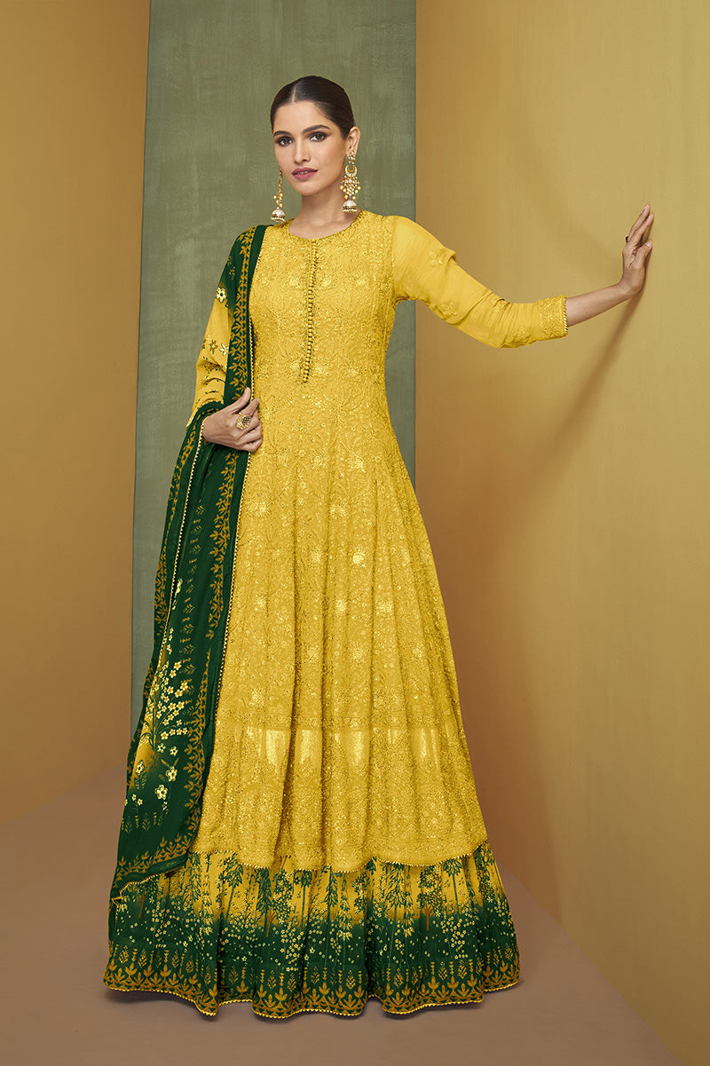 Women's Yellow Faux Georgette Semi Stitched Embroidered Designer Suit