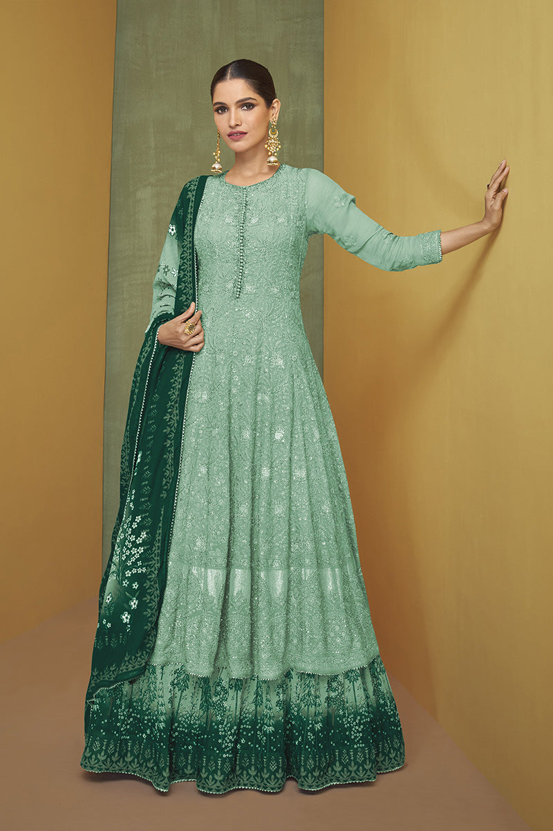 Women's Sea Green Faux Georgette Semi Stitched Embroidered Designer Suit