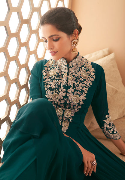 Women's Dark Green Georgette Semi Stitched Embroidered Designer Suit