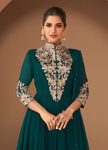 Women's Dark Green Georgette Semi Stitched Embroidered Designer Suit